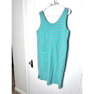 Vintage 90s Fresh Produce Teal Blue Green Striped Cotton Tank Dress Women's XL